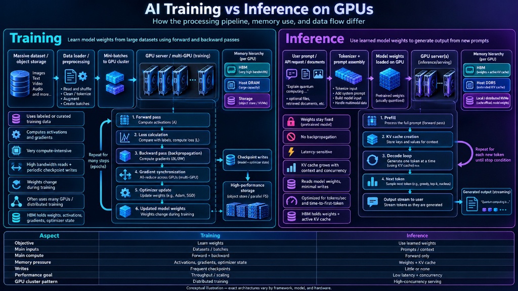AI Training vs Inference on GPUs: How the processing pipeline, memory use, and data flow differ