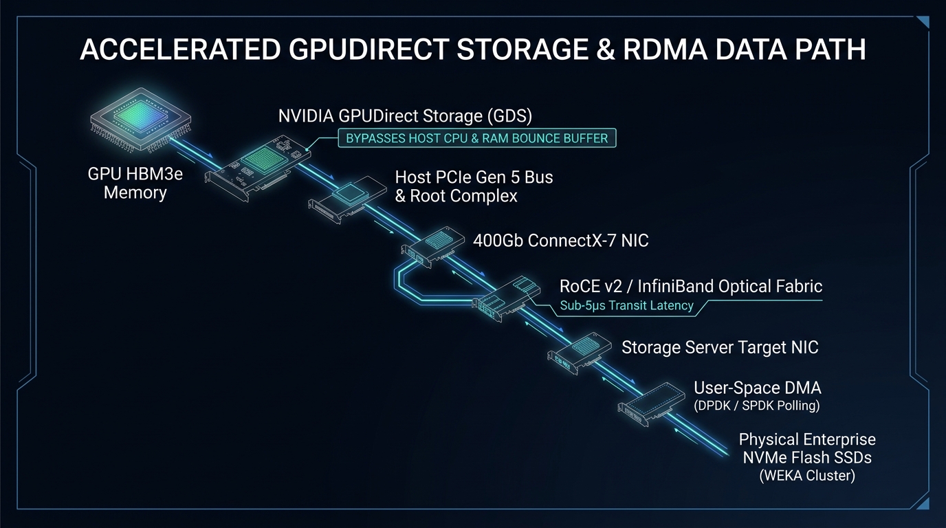 Accelerated Data Path Architecture: NVIDIA GPUDirect Storage (GDS) and RoCE/InfiniBand RDMA bypassing Host CPU/DRAM