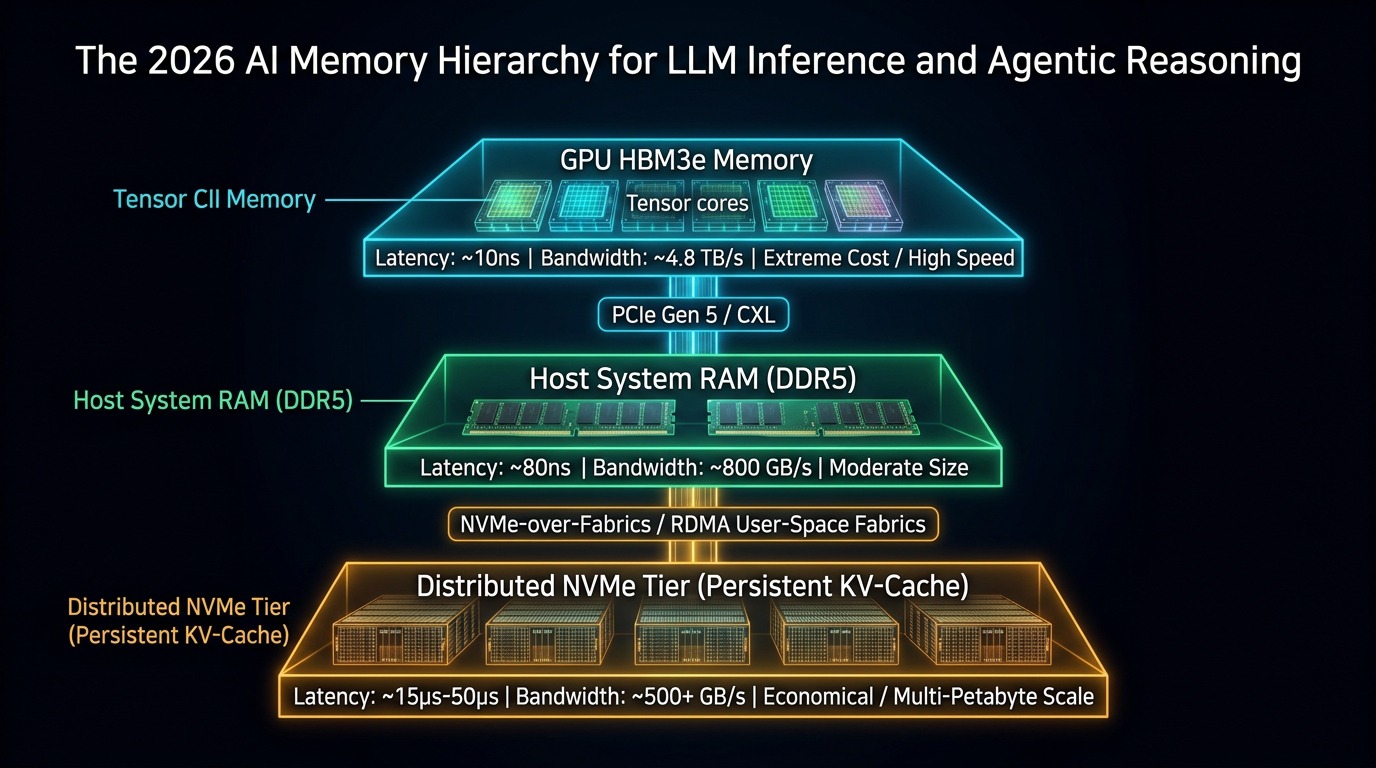 The 2026 AI Memory Hierarchy for LLM Inference & Agentic Reasoning: GPU HBM3e, Host DDR5 RAM, and Distributed Persistent NVMe KV-Cache