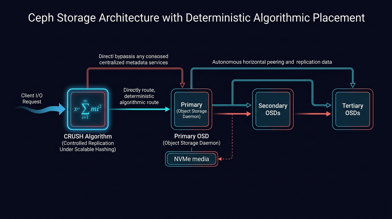 Ceph Storage Architecture: Deterministic Algorithmic Placement via CRUSH Algorithm to Primary and Secondary OSDs