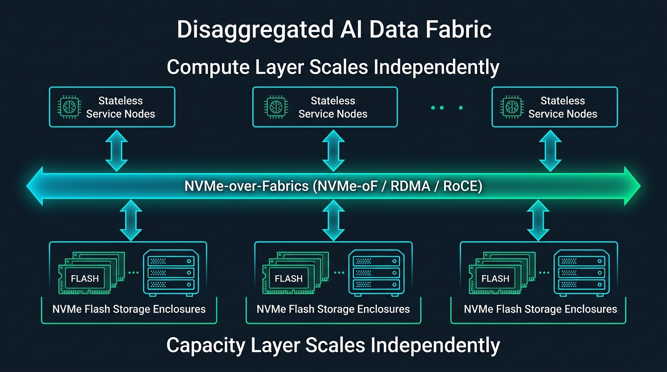 Disaggregated AI Data Fabric: Independent Scaling of Compute Service Nodes and NVMe Flash Storage Enclosures