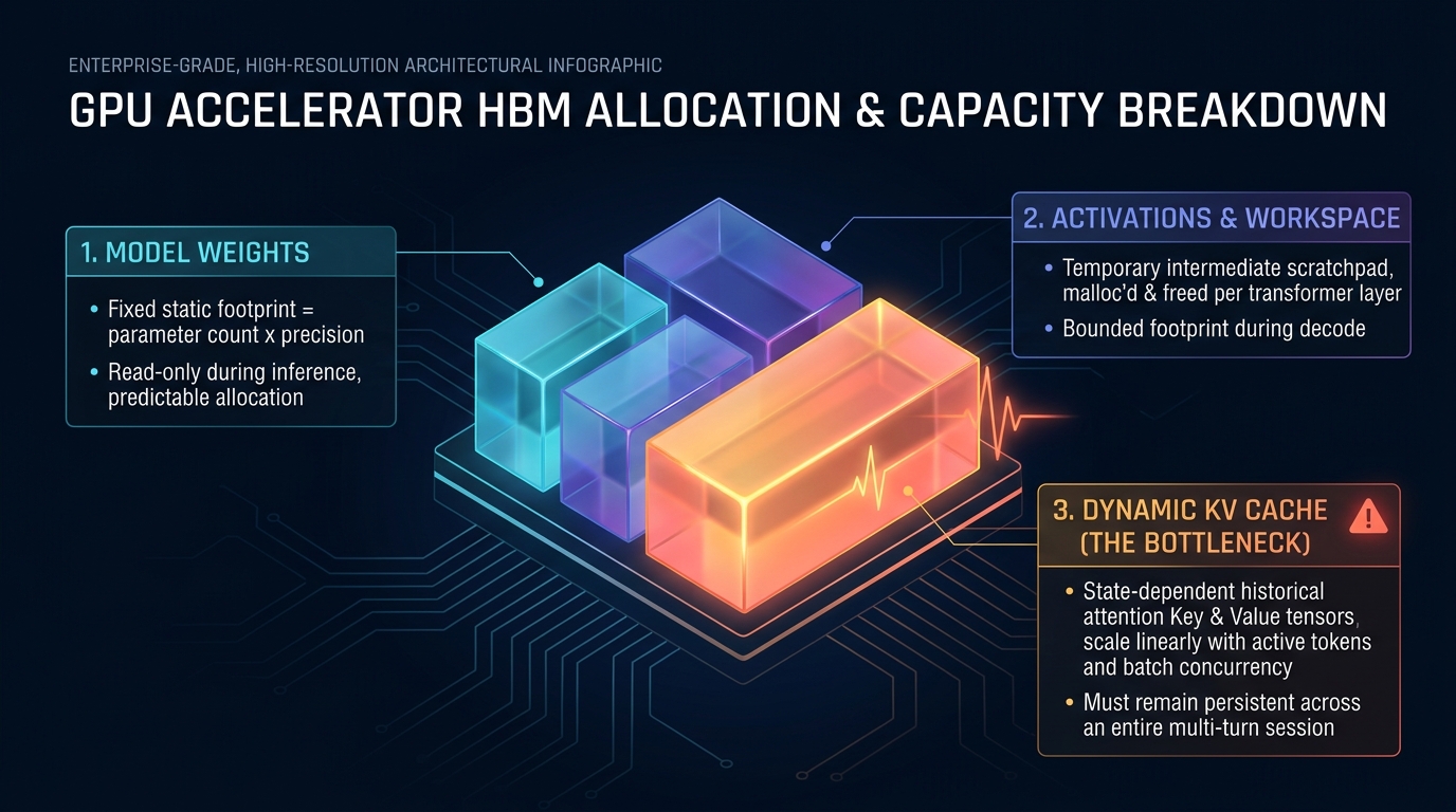 GPU Accelerator HBM Allocation Breakdown: Model Weights, Activations, and Dynamic KV Cache Bottleneck