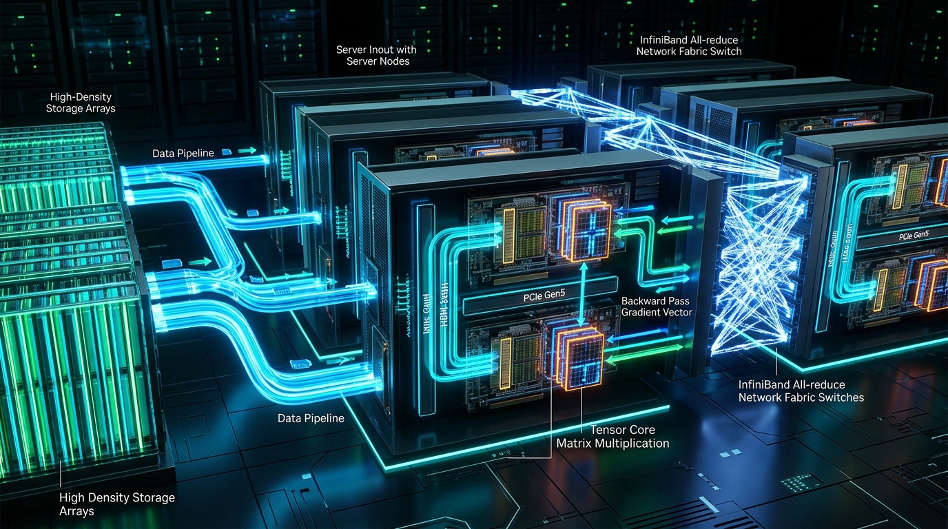 GPU Model Training Processing Pipeline: Storage Ingestion, PCIe Gen5 DMA, Tensor Cores, and InfiniBand All-Reduce