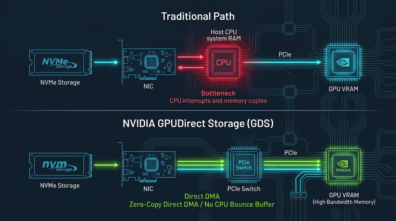 Traditional Storage Path CPU Bottleneck vs NVIDIA GPUDirect Storage Zero-Copy Direct DMA