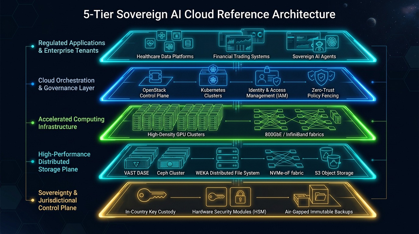5-Tier Sovereign AI Cloud Reference Architecture: Regulated Tenancy, Orchestration, GPU Compute, Storage, and Jurisdictional Control