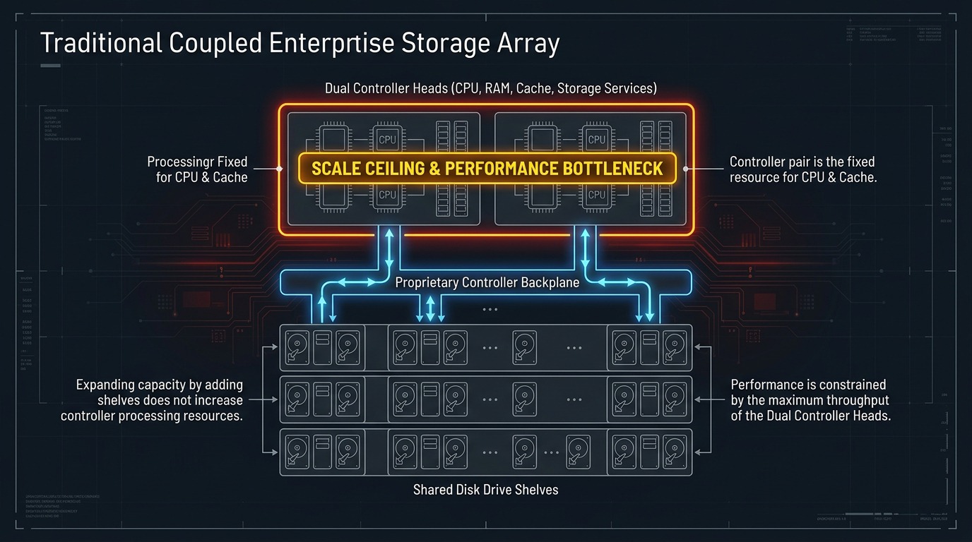 Traditional Coupled Enterprise Storage Array Architecture: Dual Controller Scale Ceiling & Performance Bottleneck