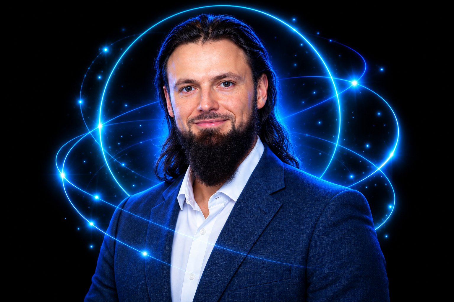 Luca Viscomi in a navy suit, surrounded by electric blue orbital light rings